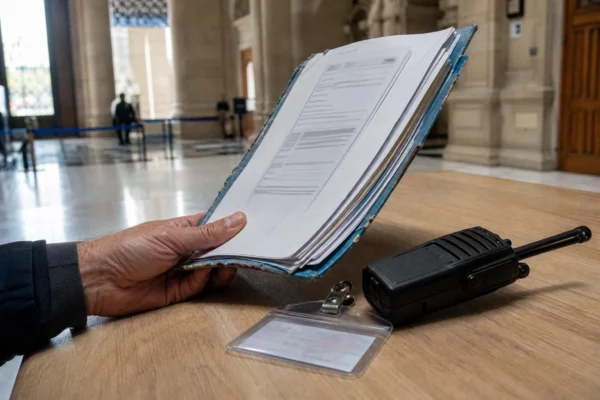 Main tenant un dossier institutionnel près d’un badge générique et d’une radio, dans une lumière de bureau claire.