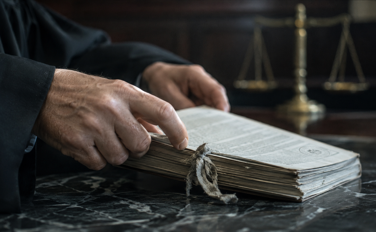 Mains en robe judiciaire ouvrant un ancien dossier juridique sur un bureau en marbre, avec une balance de justice floue à l’arrière-plan.