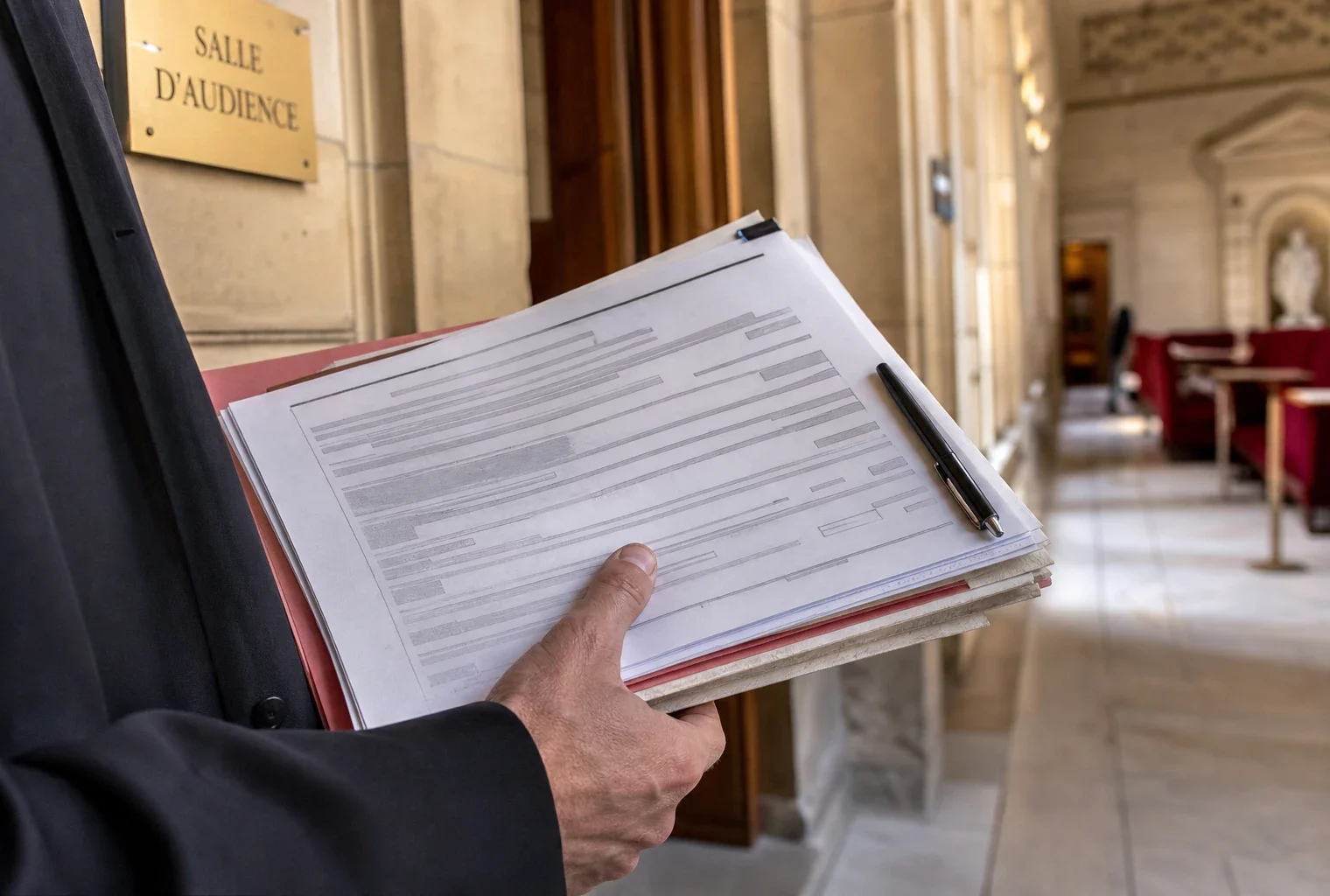 Gros plan d’un dossier de justice tenu à la main dans un couloir institutionnel français lumineux.