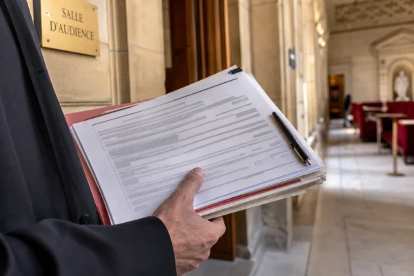 Gros plan d’un dossier de justice tenu à la main dans un couloir institutionnel français lumineux.