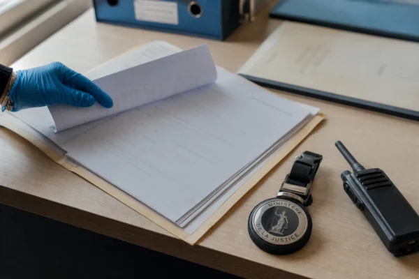 Dossier judiciaire, badge institutionnel et main gantée sur une table, lumière naturelle claire