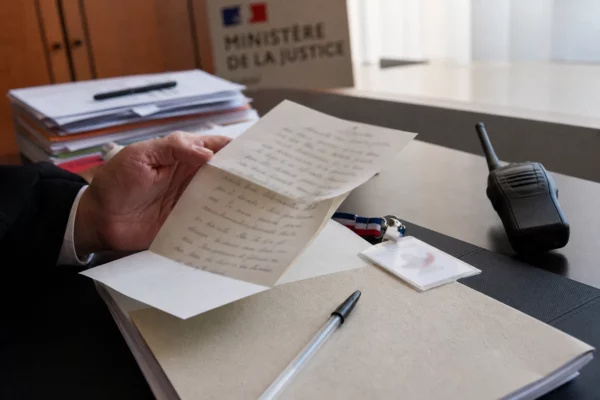 Main tenant une lettre près d’un dossier et d’une radio de bureau dans un décor judiciaire français