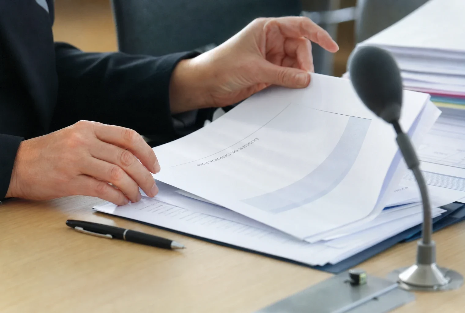 Mains anonymes sur un dossier de nomination avec micro de commission et documents flous, en lumière naturelle.