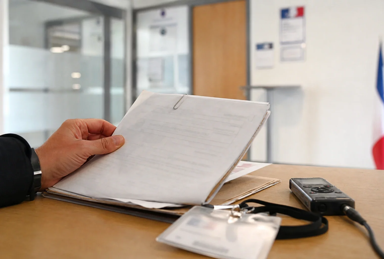 Main tenant un dossier papier près d’un badge générique et d’un enregistreur audio dans un hall institutionnel lumineux.