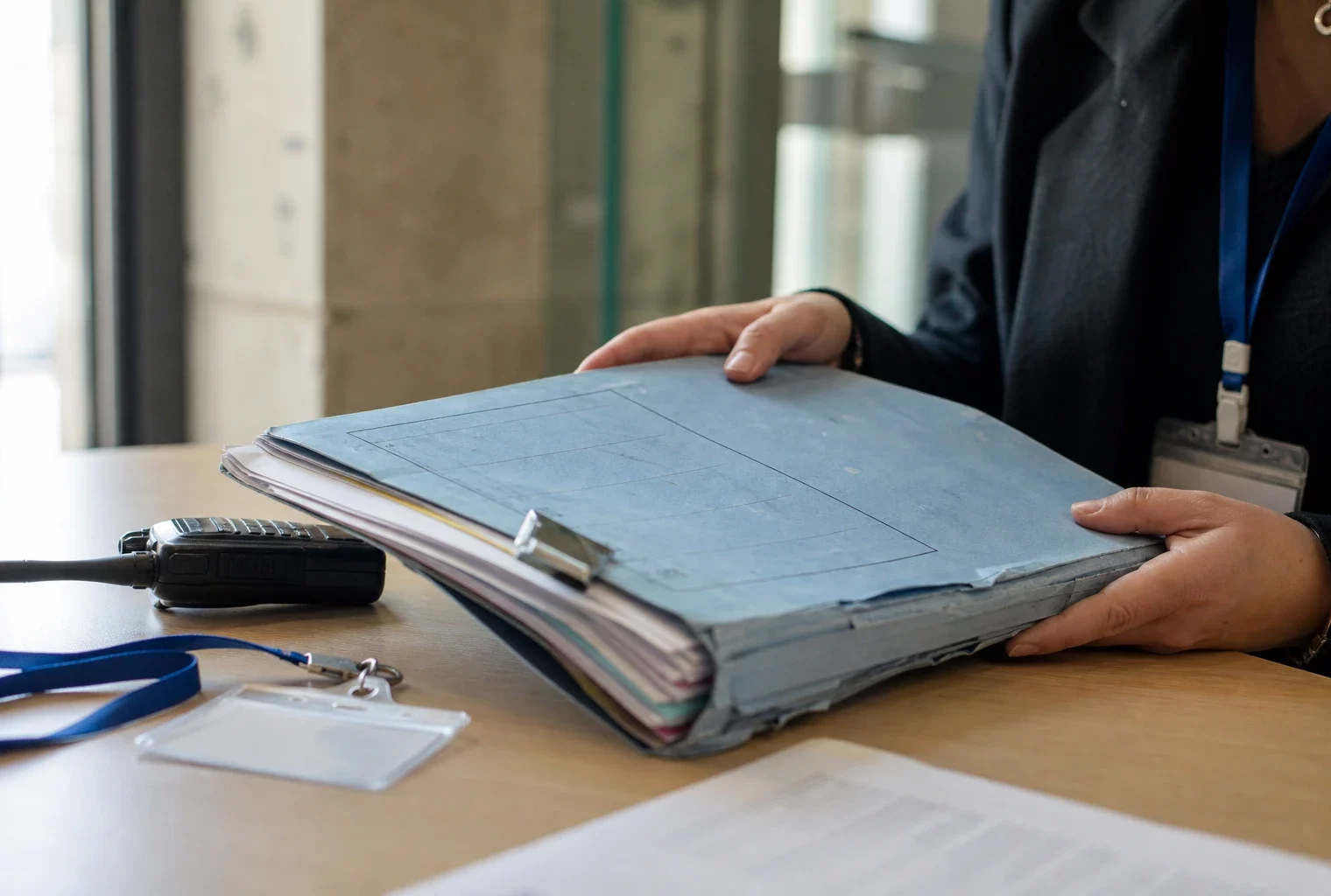 Gros plan sur un dossier de protection de l’enfance tenu par une main, avec badge neutre et radio, dans un bureau de tribunal.