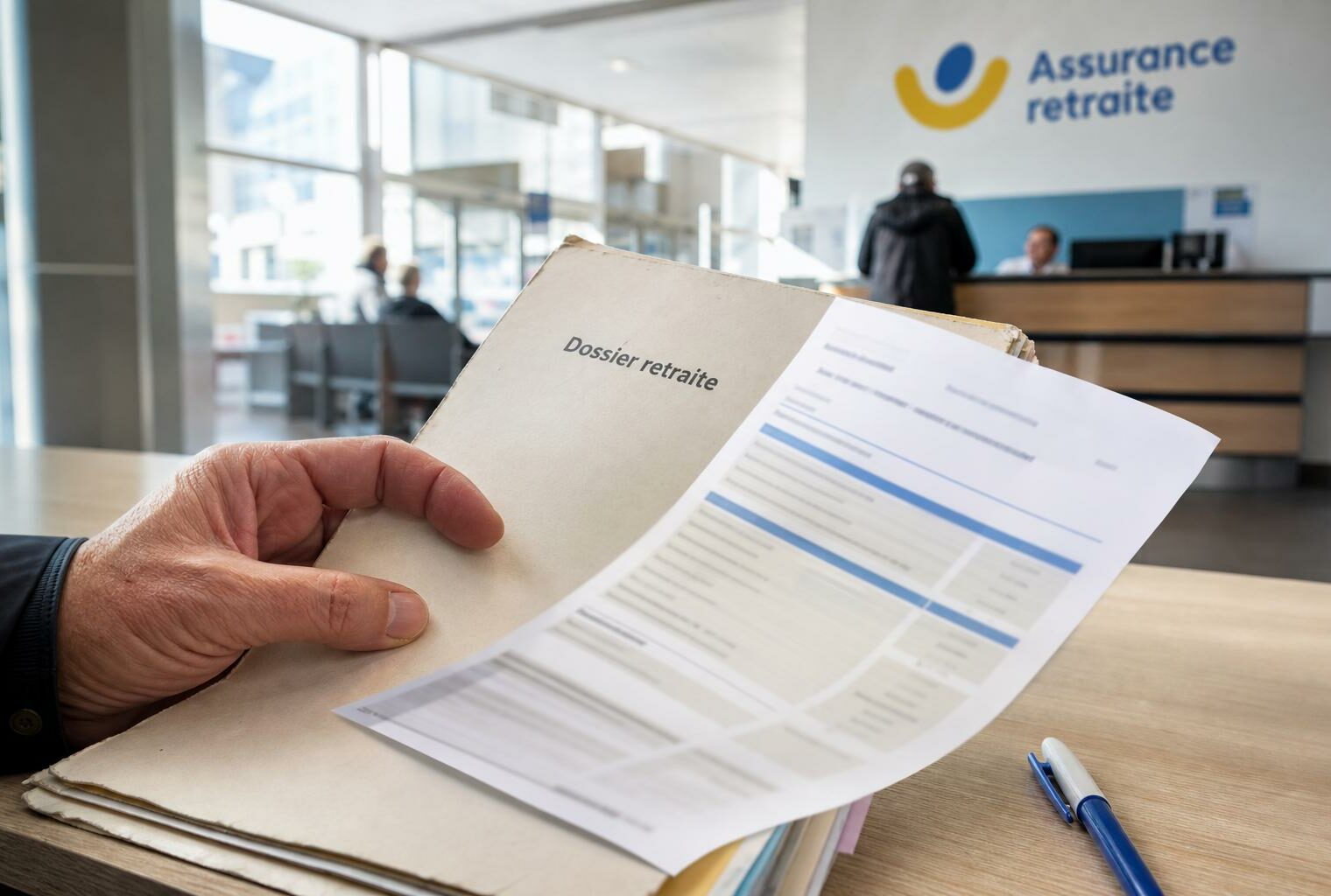 Main tenant un dossier de retraite sur une table, dans un contexte de service public français lumineux.