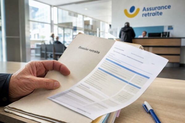 Main tenant un dossier de retraite sur une table, dans un contexte de service public français lumineux.