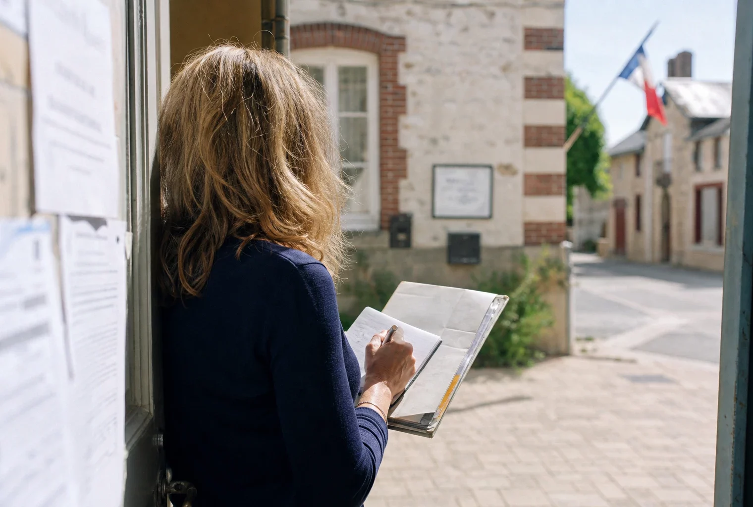 Collaborateur d’une mairie française de dos, carnet en main, devant une rue calme et un bâtiment public.