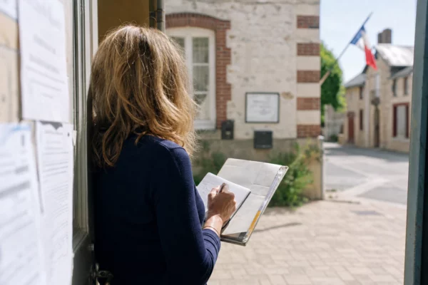 Collaborateur d’une mairie française de dos, carnet en main, devant une rue calme et un bâtiment public.
