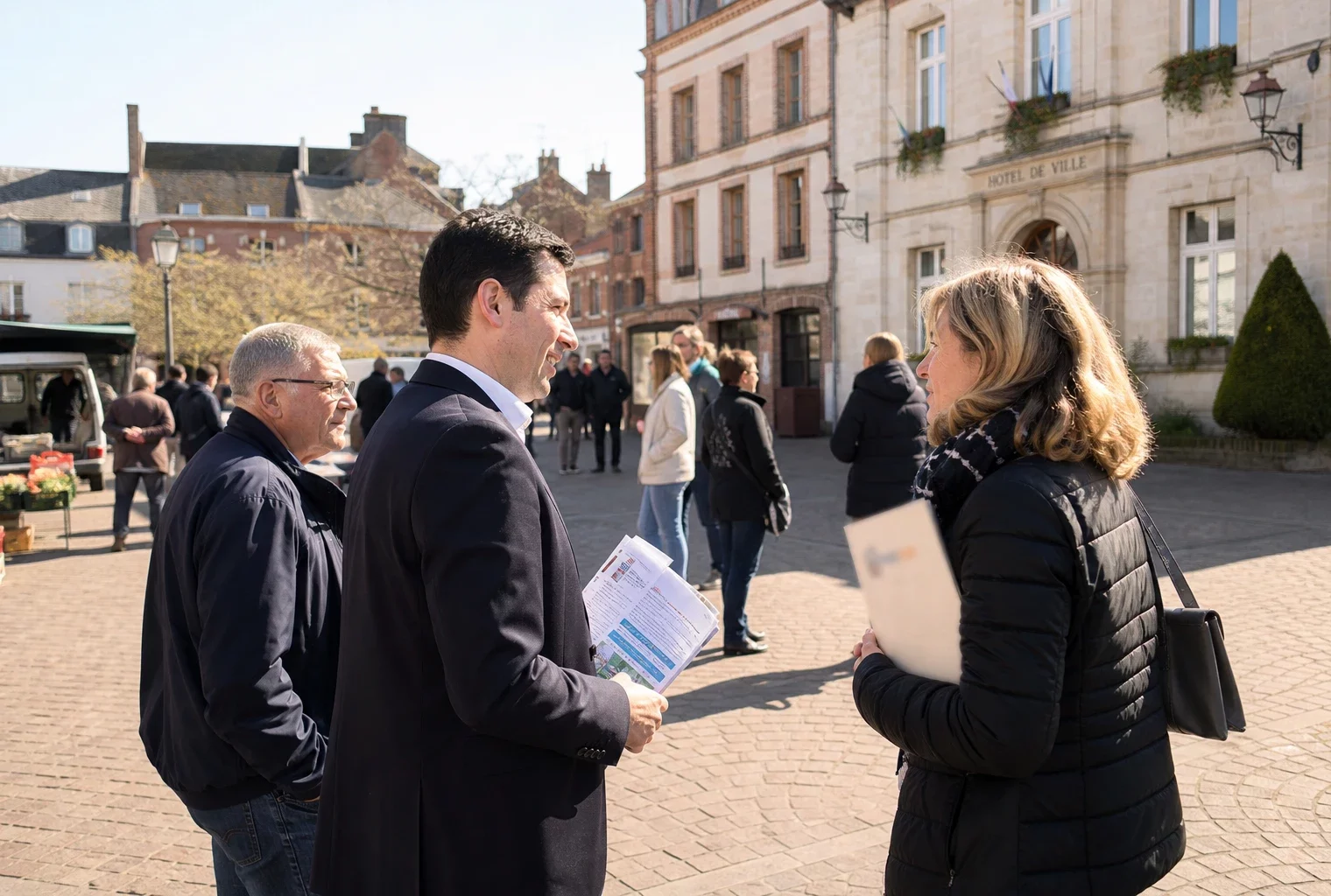 Scène de place de ville moyenne française avec habitants anonymes et mairie en arrière-plan, dans une ambiance politique locale calme.