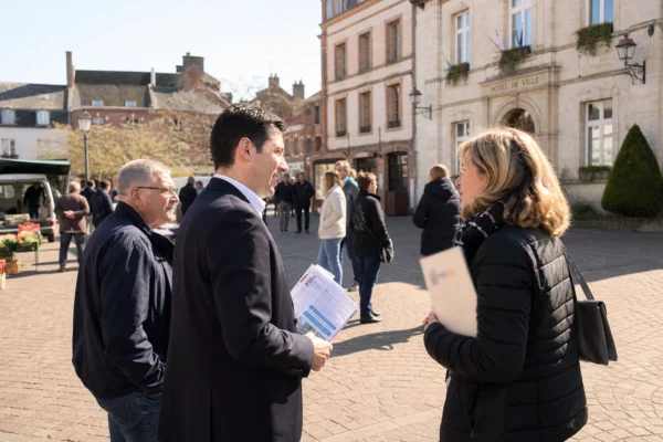 Scène de place de ville moyenne française avec habitants anonymes et mairie en arrière-plan, dans une ambiance politique locale calme.