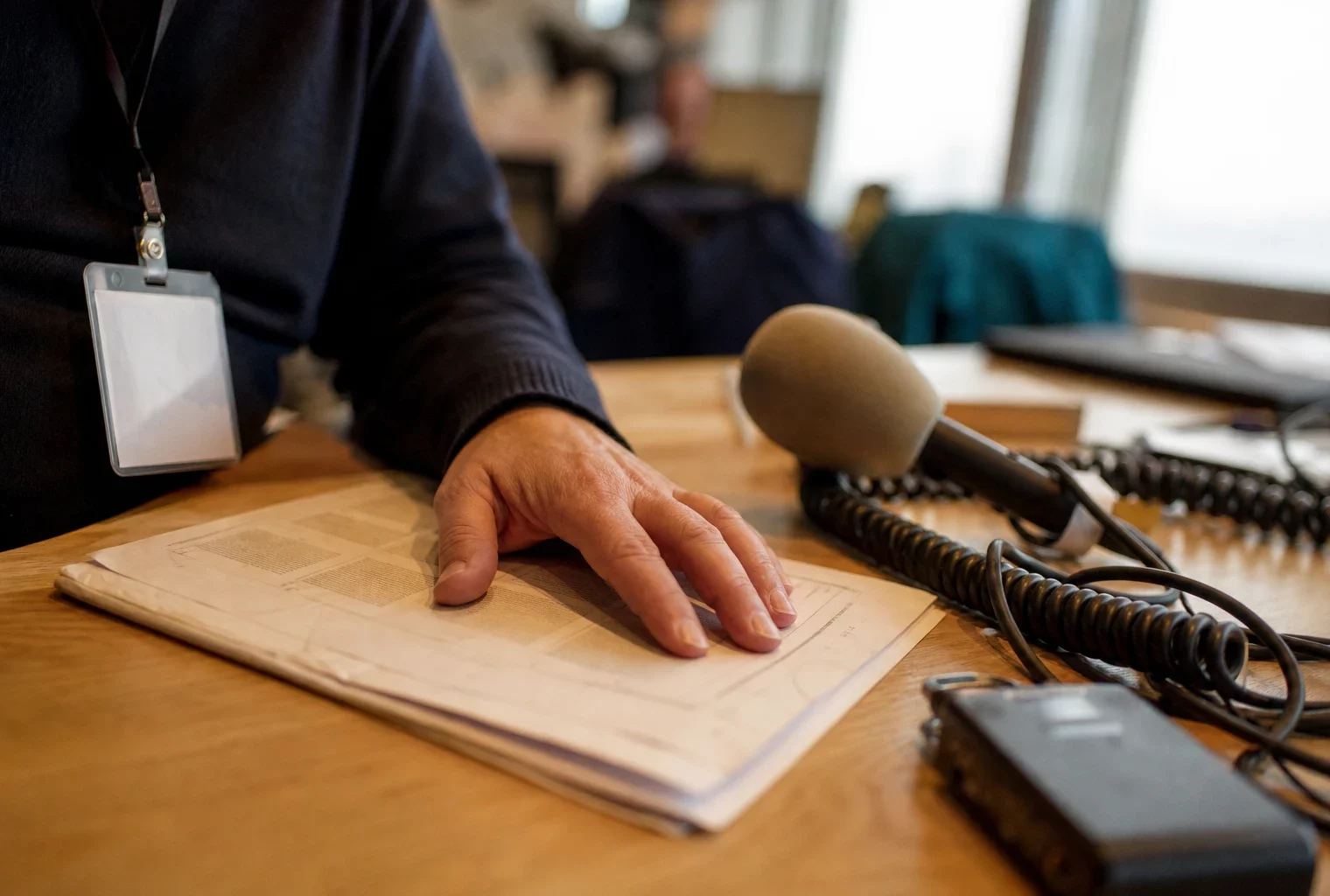Main posée sur un dossier, badge de presse générique et micro radio sur une table de newsroom lumineuse.