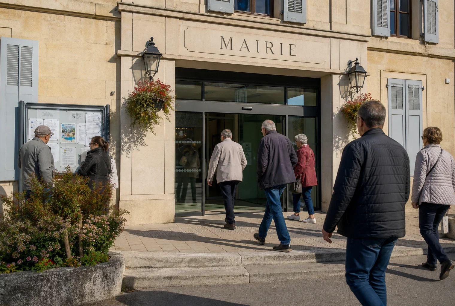 Des citoyens anonymes devant une mairie française, dans une scène de vie civique claire et réaliste.