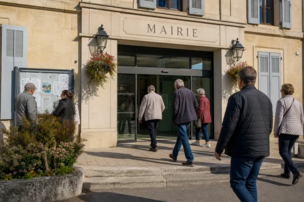 Des citoyens anonymes devant une mairie française, dans une scène de vie civique claire et réaliste.