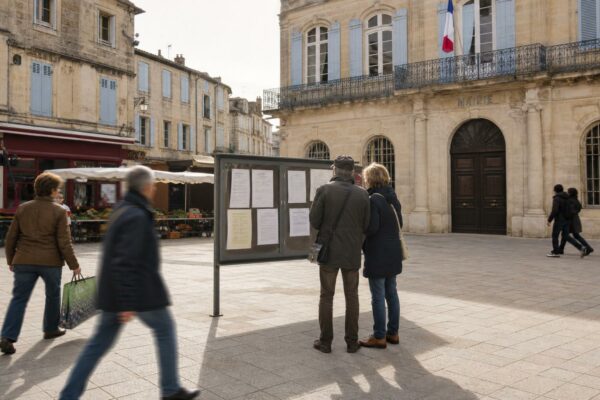 Place de ville moyenne en France avec passants anonymes près de la mairie et d’un marché local