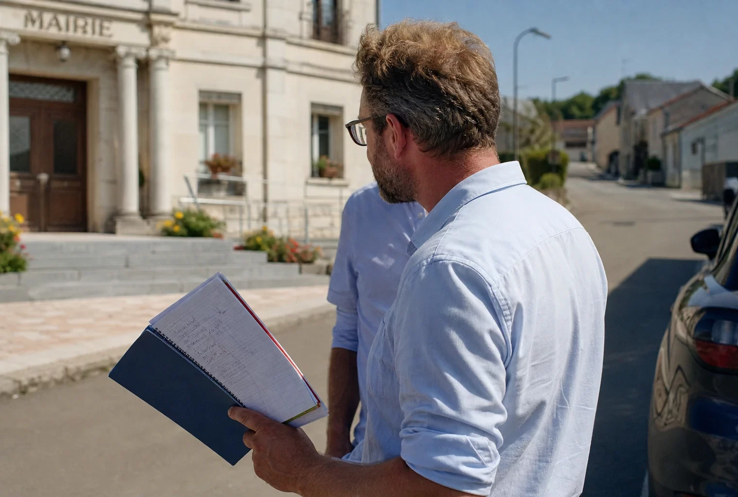 Élu local anonyme avec carnet devant une mairie de village pendant la canicule