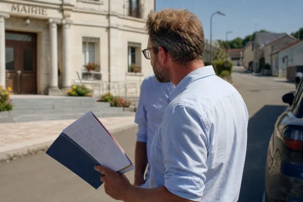 Élu local anonyme avec carnet devant une mairie de village pendant la canicule