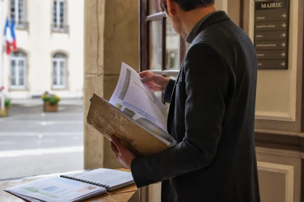 Un collaborateur politique anonyme tient un dossier dans une mairie française, avec une rue lumineuse en arrière-plan.