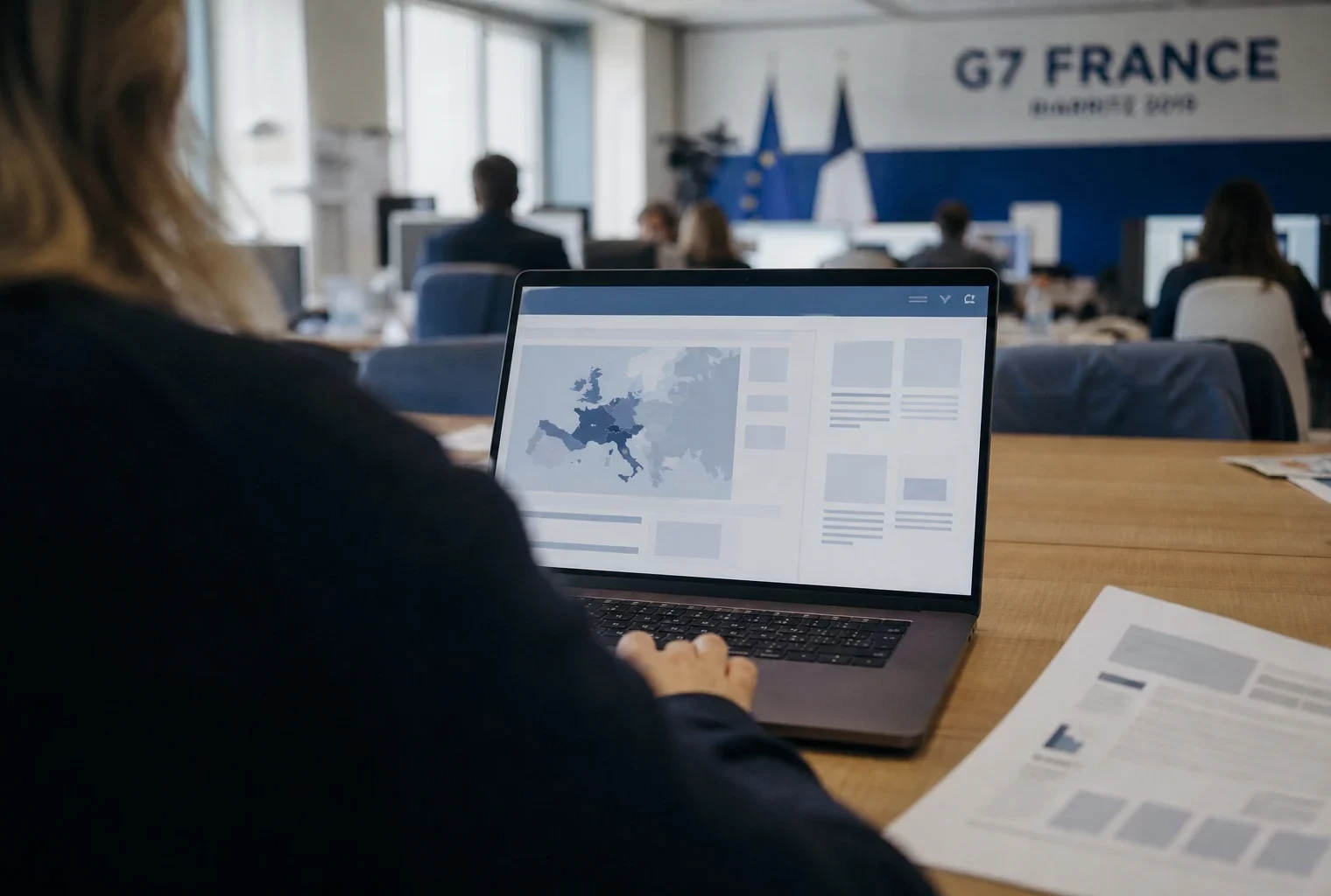 Un journaliste vu de dos consulte un écran avec une interface européenne abstraite dans une rédaction lumineuse.