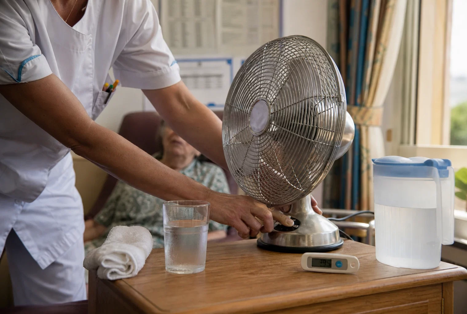 Gros plan sur une main de soignant réglant un ventilateur près d’un verre d’eau dans un Ehpad français
