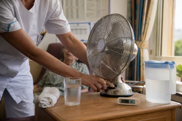Gros plan sur une main de soignant réglant un ventilateur près d’un verre d’eau dans un Ehpad français