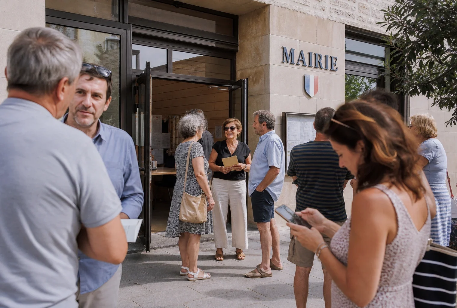 Des Français de l’étranger échangent devant une mairie, dans une scène de vie citoyenne claire et réaliste.