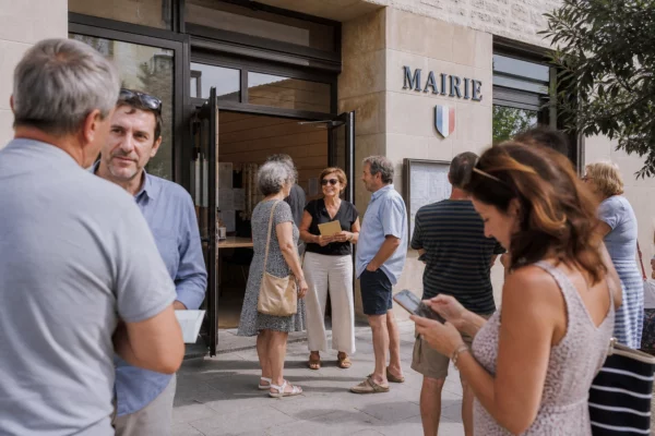 Des Français de l’étranger échangent devant une mairie, dans une scène de vie citoyenne claire et réaliste.