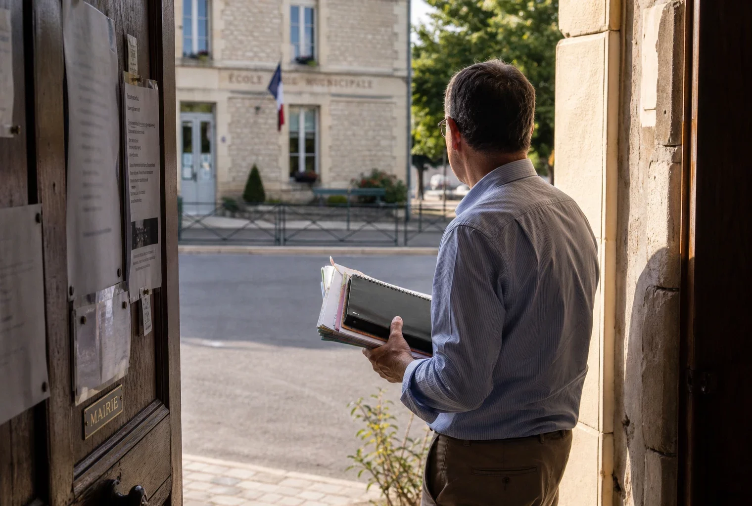 Un élu local de dos dans l’embrasure d’une mairie, carnet en main, avec une école floue en arrière-plan.