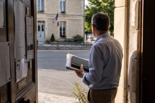 Un élu local de dos dans l’embrasure d’une mairie, carnet en main, avec une école floue en arrière-plan.