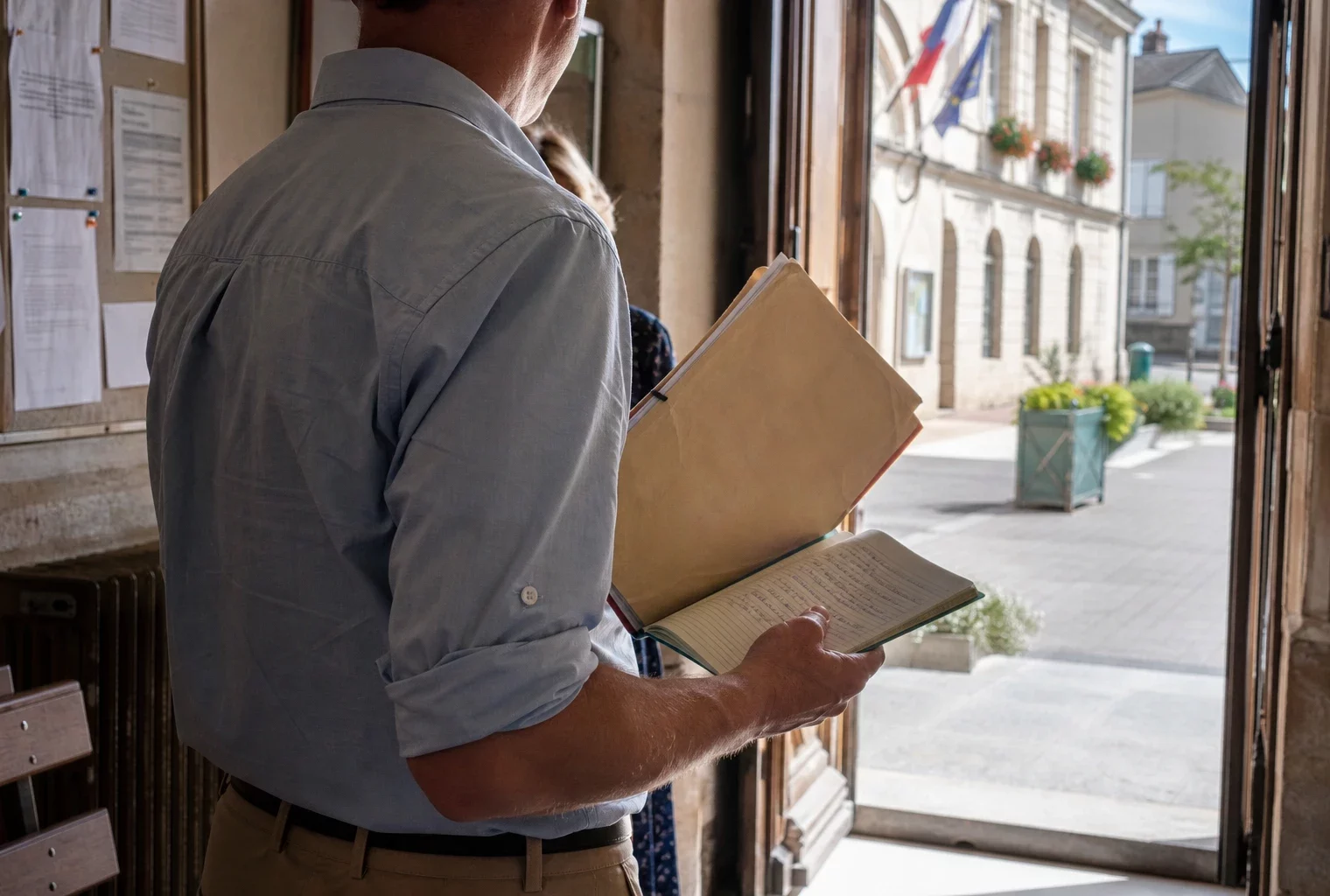 Un élu local de dos tient un dossier dans une mairie, sur fond de rue française en lumière naturelle.