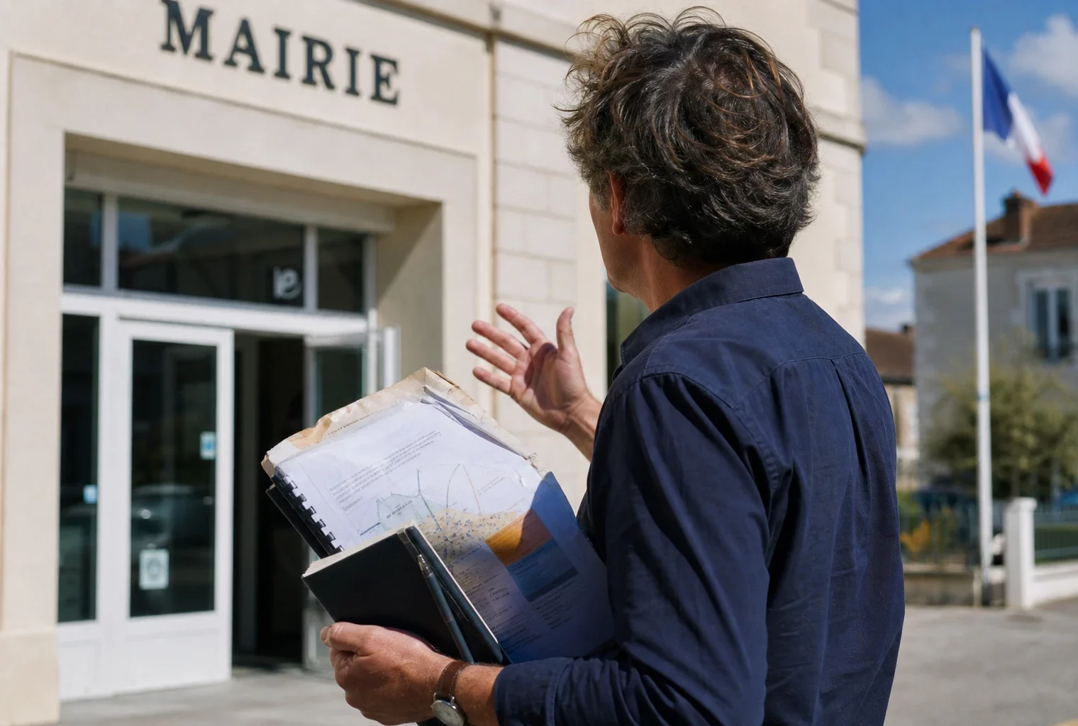 Portrait d’un élu local de dos devant une mairie, dossier en main, sur fond de canicule et d’adaptation