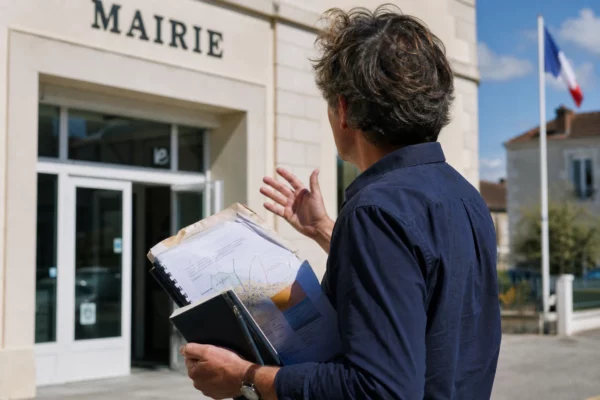 Portrait d’un élu local de dos devant une mairie, dossier en main, sur fond de canicule et d’adaptation