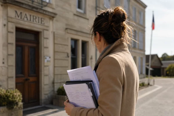 Élu local anonyme tenant un carnet devant une mairie française, avec la rue en arrière-plan.