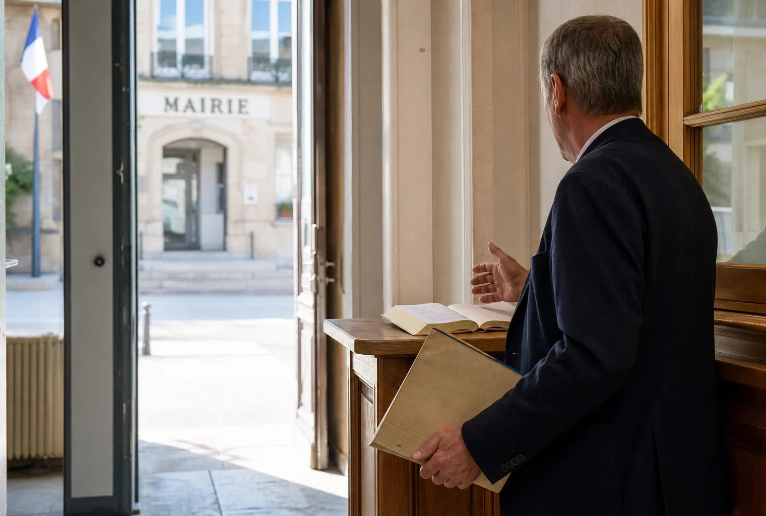 Élu local anonyme de dos dans une mairie, carnet en main, dans un contexte de débat sur le budget européen.