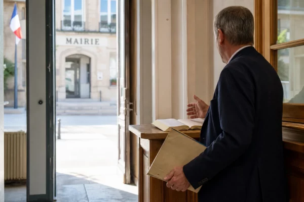 Élu local anonyme de dos dans une mairie, carnet en main, dans un contexte de débat sur le budget européen.