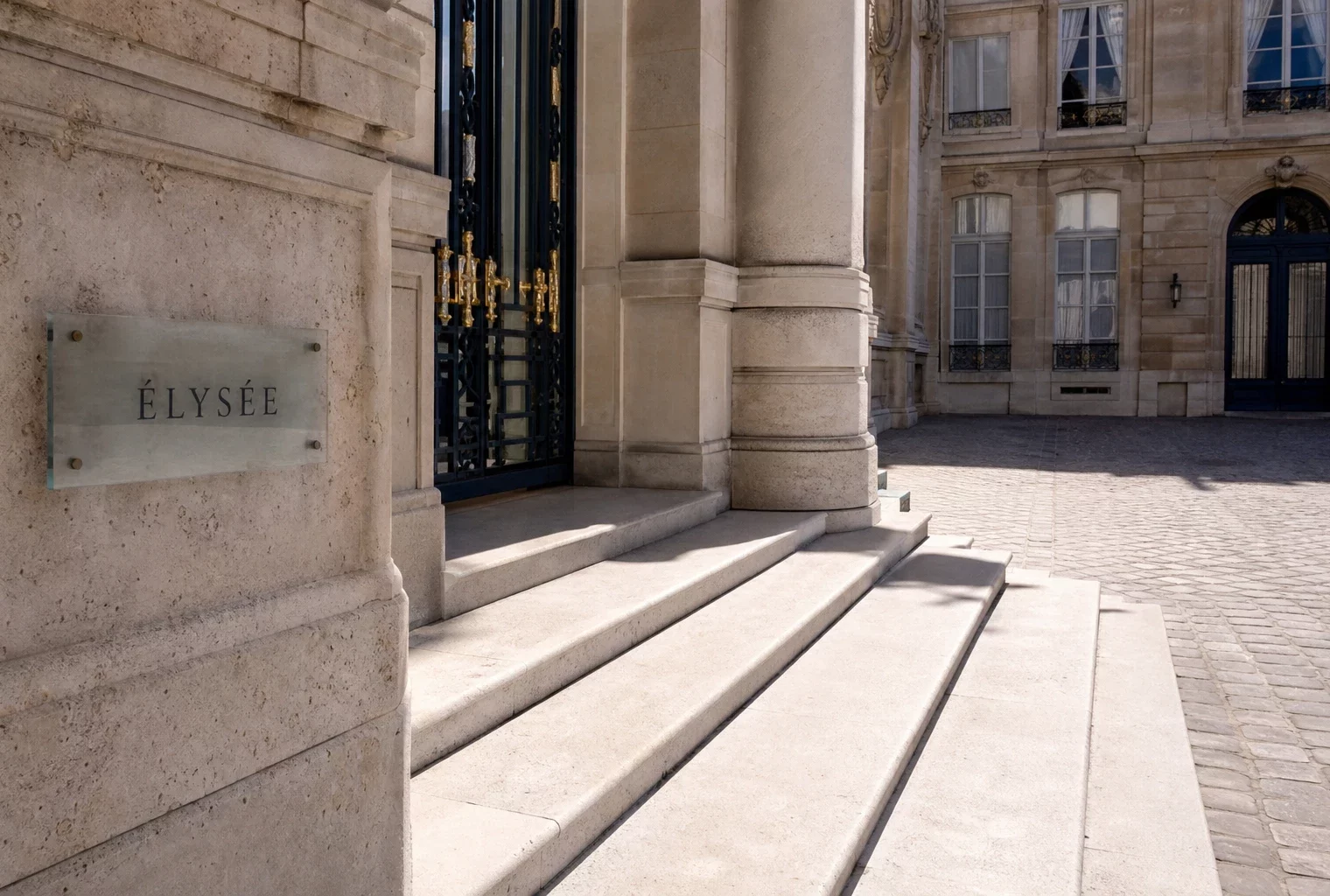 Cour intérieure de l’Élysée à Paris, vue institutionnelle vide pour illustrer une rencontre diplomatique européenne.