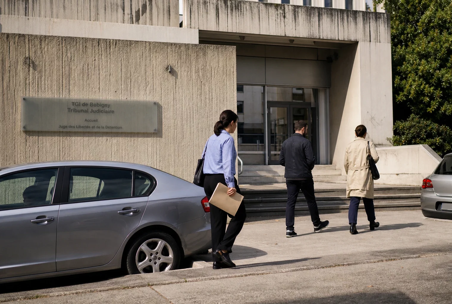 Devant un bâtiment public de Bobigny, des passants anonymes et un dossier neutre illustrent l’enquête IGPN.