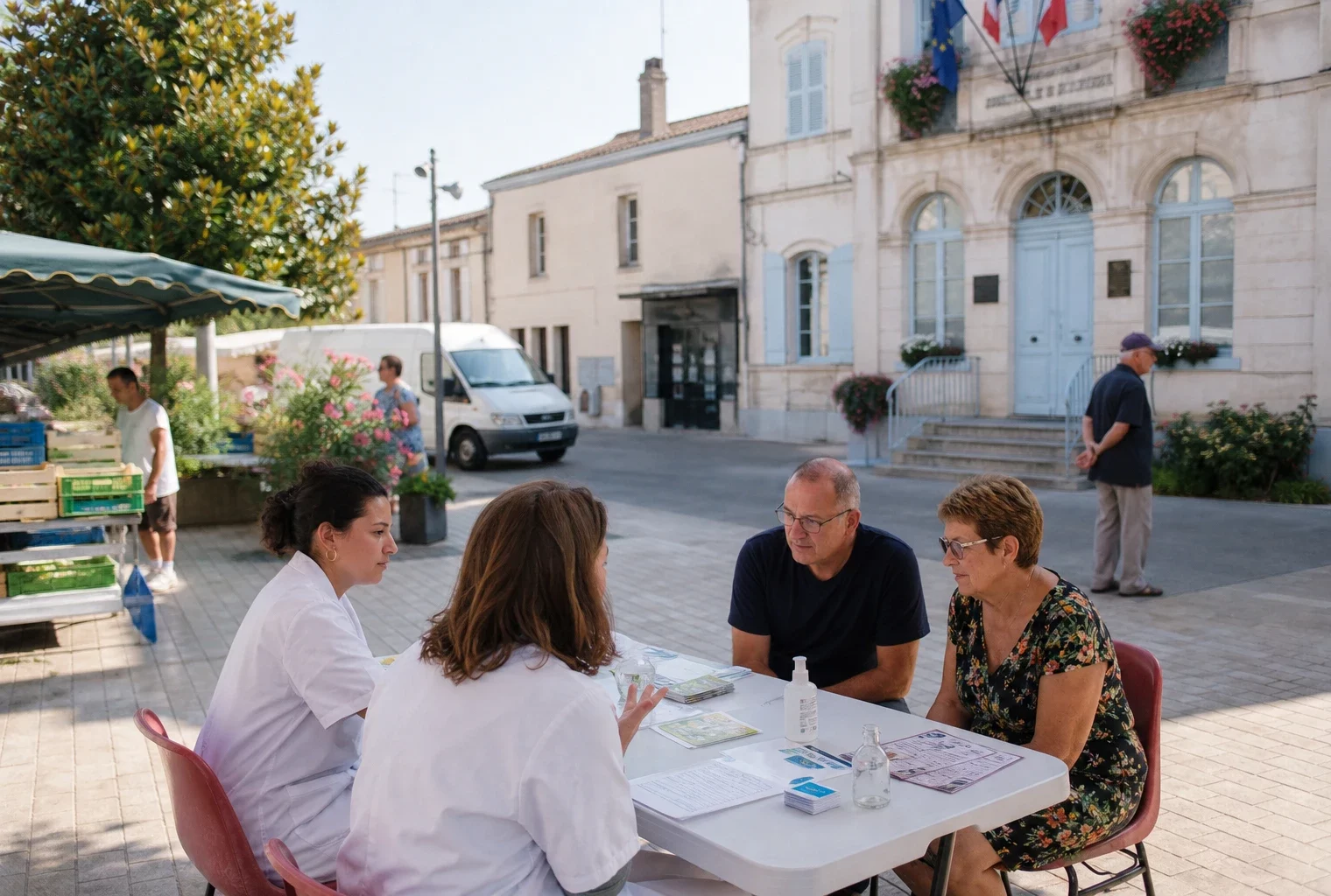 Scène de terrain dans une ville française, avec agents publics et habitants autour d’une table d’information sanitaire.