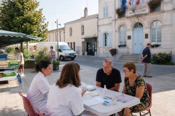 Scène de terrain dans une ville française, avec agents publics et habitants autour d’une table d’information sanitaire.