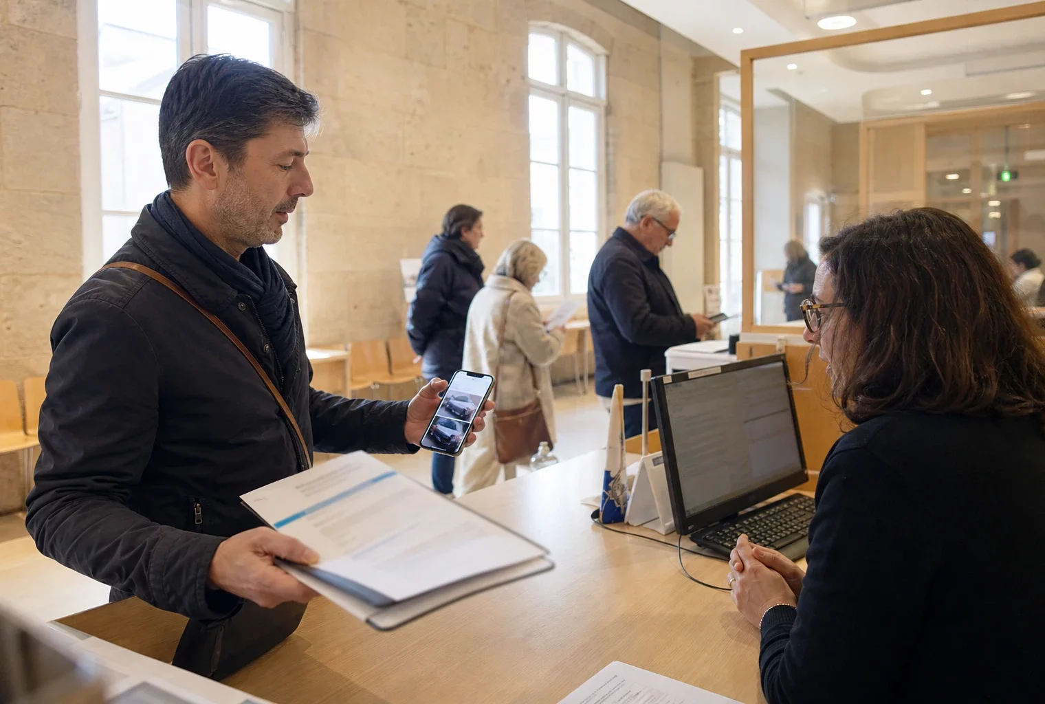 Deux personnes au guichet d’une mairie examinent un dossier de réparation dans un hall lumineux.