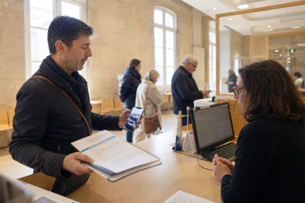 Deux personnes au guichet d’une mairie examinent un dossier de réparation dans un hall lumineux.