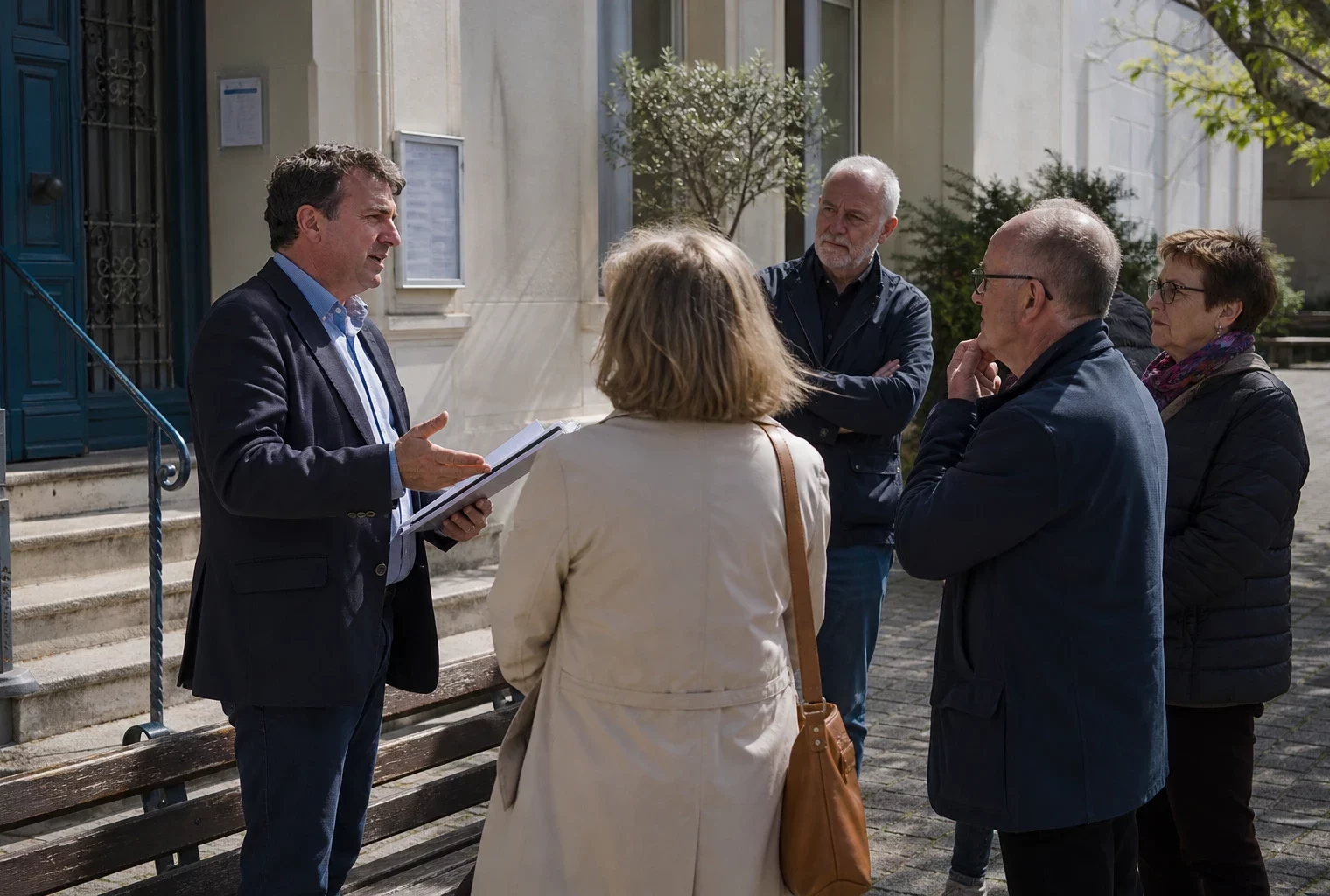Des habitants et un élu local anonymes échangent devant la mairie sur fond de dossiers et de préoccupations budgétaires.