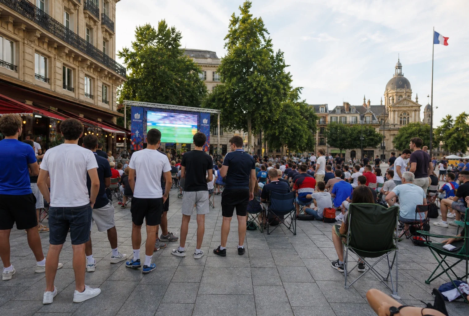 Des supporters regardent un match sur grand écran dans une place française, ambiance de reportage en fin de journée.