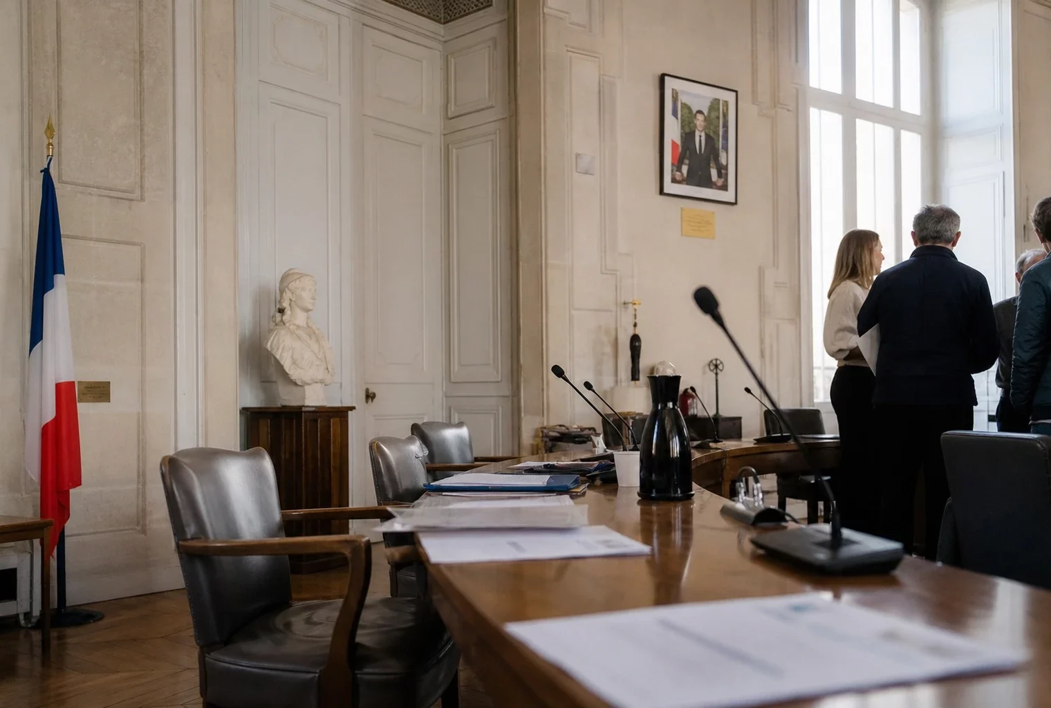 Salle municipale lumineuse avec micros, dossiers et chaise vide, dans une ambiance calme de préparation sécuritaire.