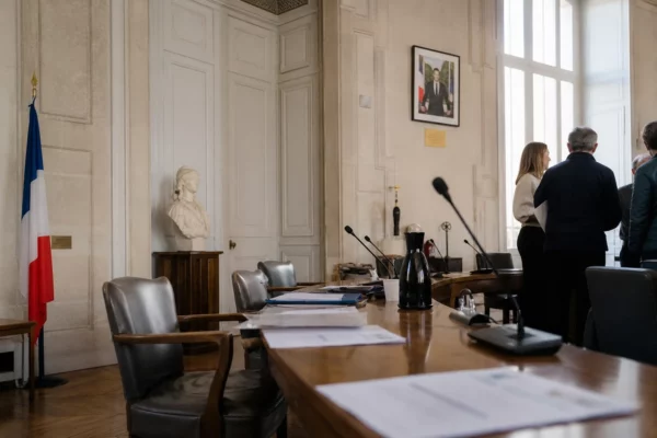Salle municipale lumineuse avec micros, dossiers et chaise vide, dans une ambiance calme de préparation sécuritaire.