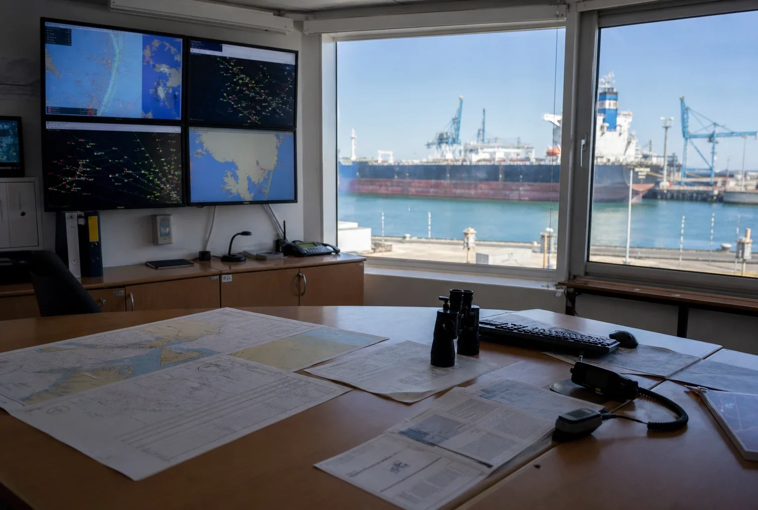 Salle de contrôle maritime française lumineuse avec écrans de suivi flous, cartes posées et tanker visible au loin.