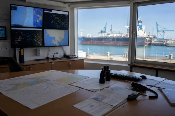 Salle de contrôle maritime française lumineuse avec écrans de suivi flous, cartes posées et tanker visible au loin.