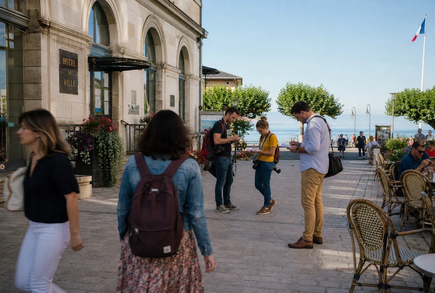 Scène de rue à Évian avec habitants, journalistes et mairie locale dans une lumière naturelle claire.