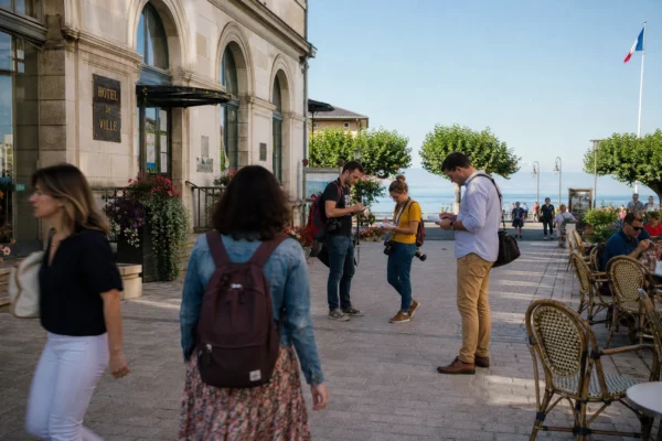 Scène de rue à Évian avec habitants, journalistes et mairie locale dans une lumière naturelle claire.