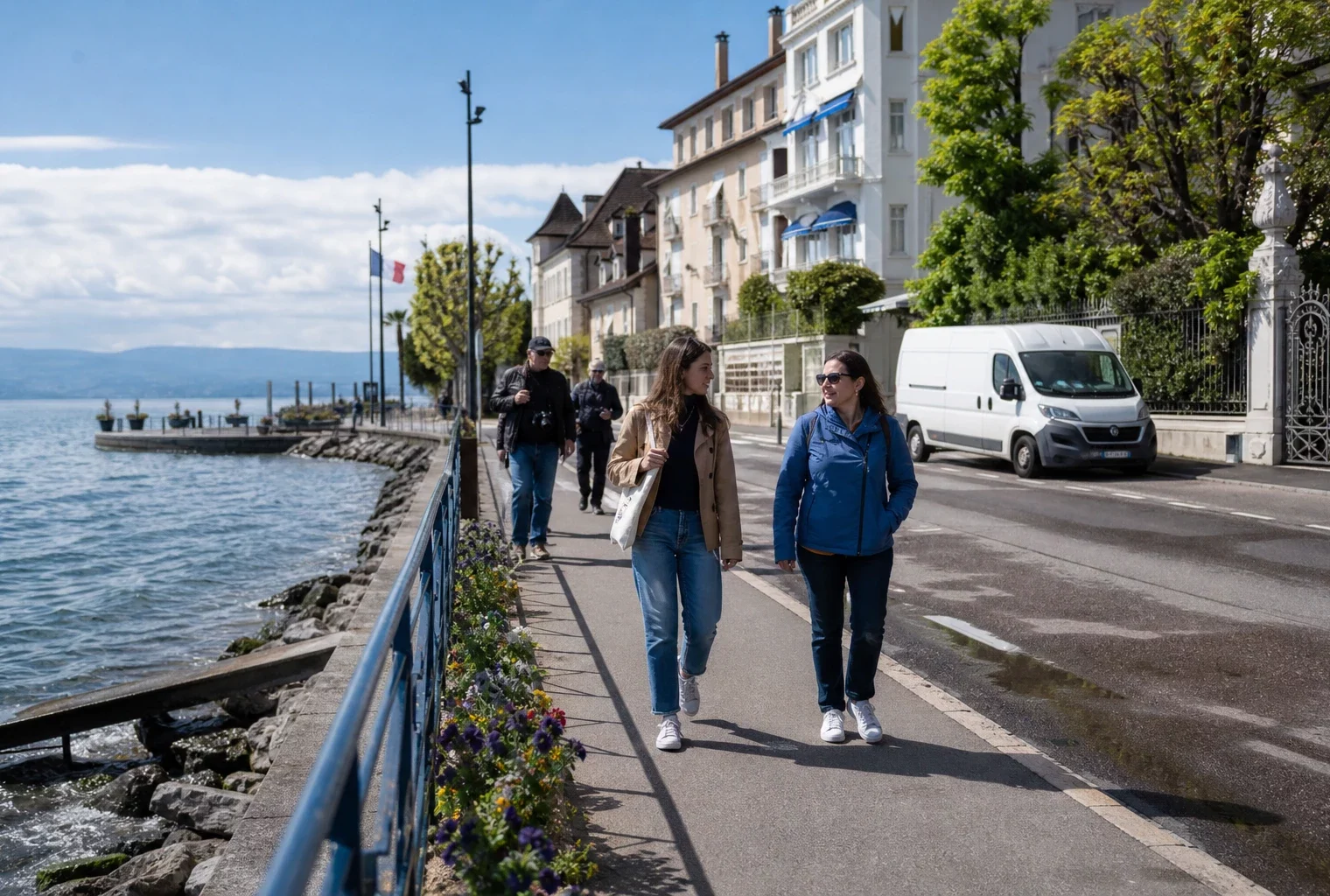 Rue calme d’Évian-les-Bains pendant le G7, avec passants anonymes, presse locale et ambiance de ville réelle.